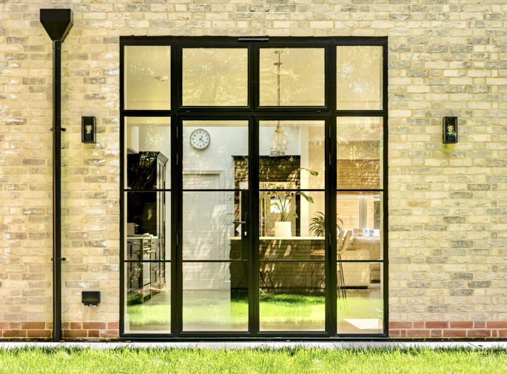 Glazing bars for aluco steel look French doors showing doors in a brick opening