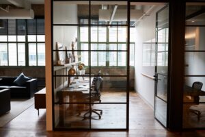 picture of a home office with glass dividers