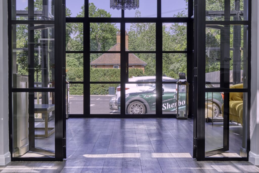 picture of steel-look doors in a showroom entrance lobby