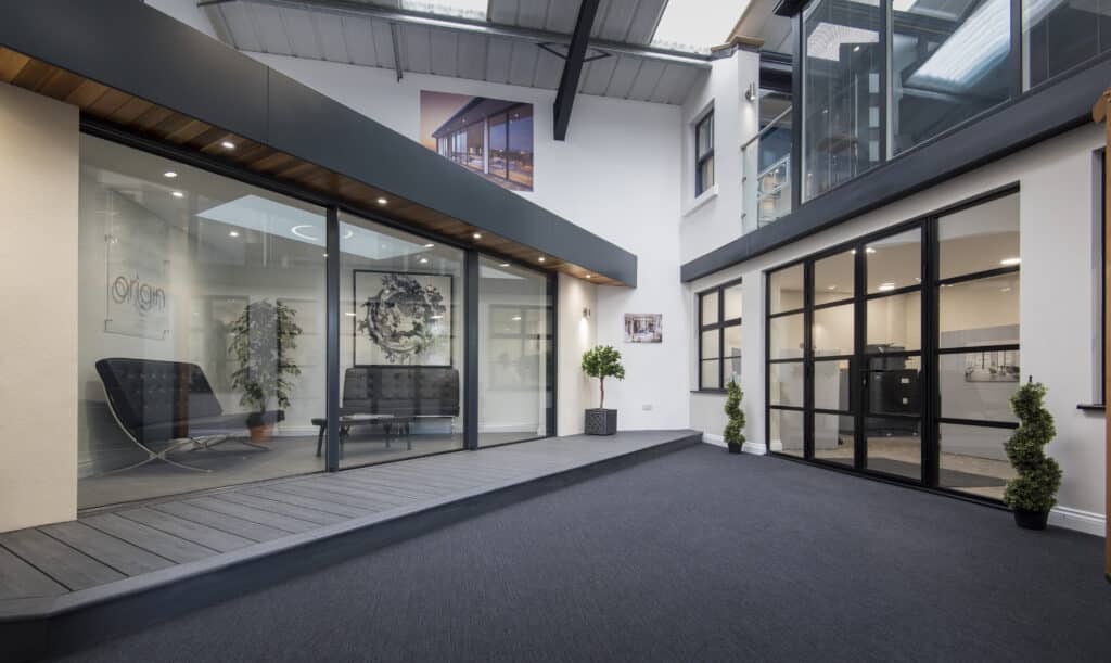 aluco patio doors in a modern aluminium showroom