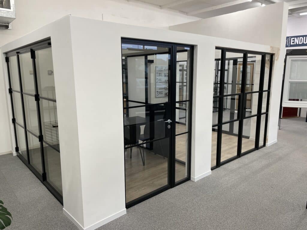 aluco steel look doors in bristol glazing showroom